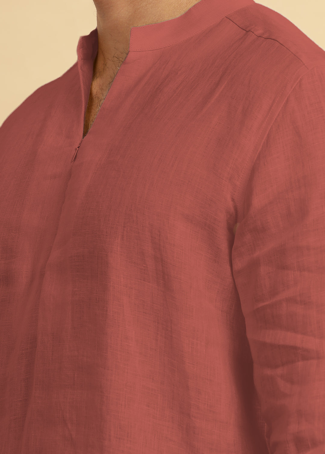 Arnav - Full Sleeve Broad-Notched Collar Pure Linen Short Kurta - Terracotta Red