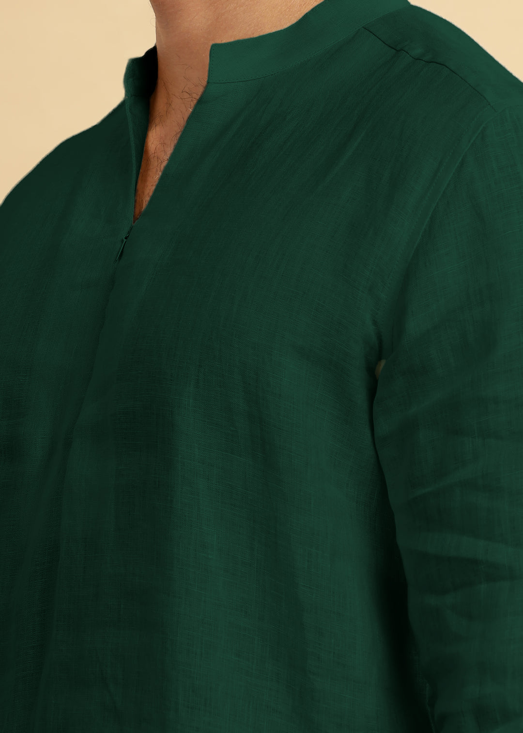 Arnav - Full Sleeve Broad-Notched Collar Pure Linen Short Kurta - Dark Pine Green