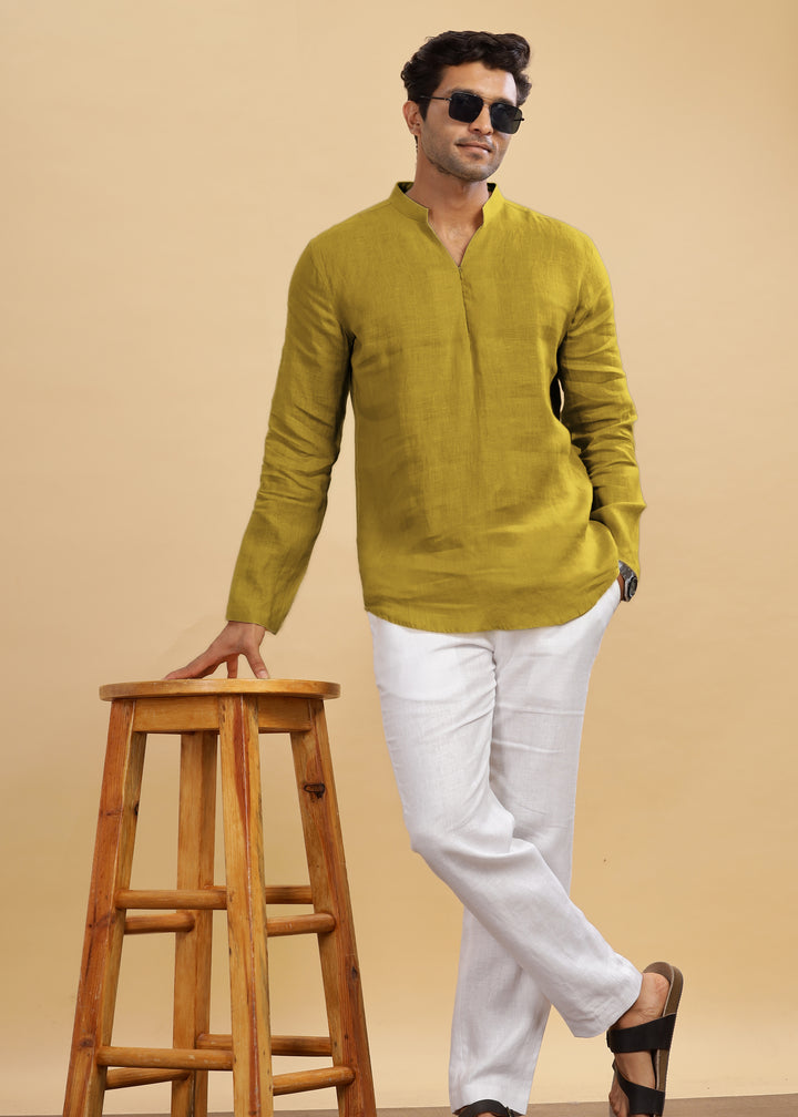 Arnav - Full Sleeve Broad-Notched Collar Pure Linen Short Kurta - Sap Green