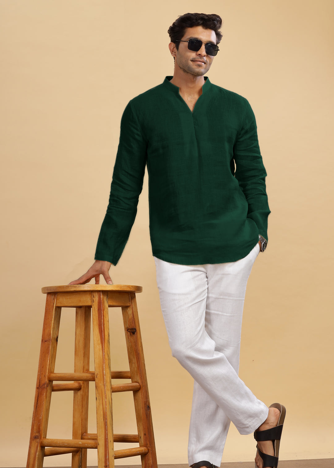 Arnav - Full Sleeve Broad-Notched Collar Pure Linen Short Kurta - Dark Pine Green