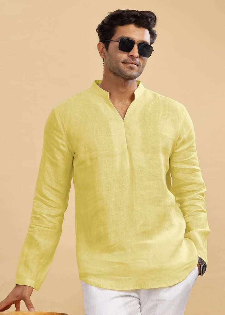 Arnav - Full Sleeve Broad-Notched Collar Pure Linen Short Kurta - Pistachio Yellow