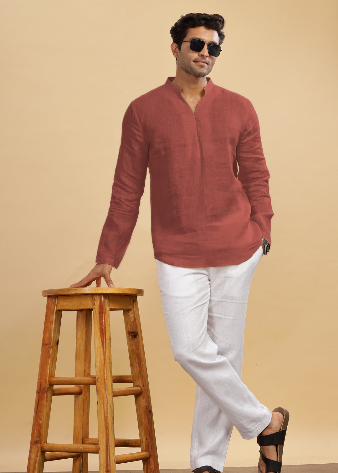 Arnav - Full Sleeve Broad-Notched Collar Pure Linen Short Kurta - Terracotta Red