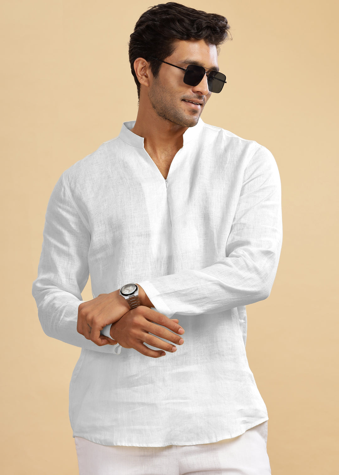 Arnav - Full Sleeve Broad-Notched Collar Pure Linen Short Kurta - White