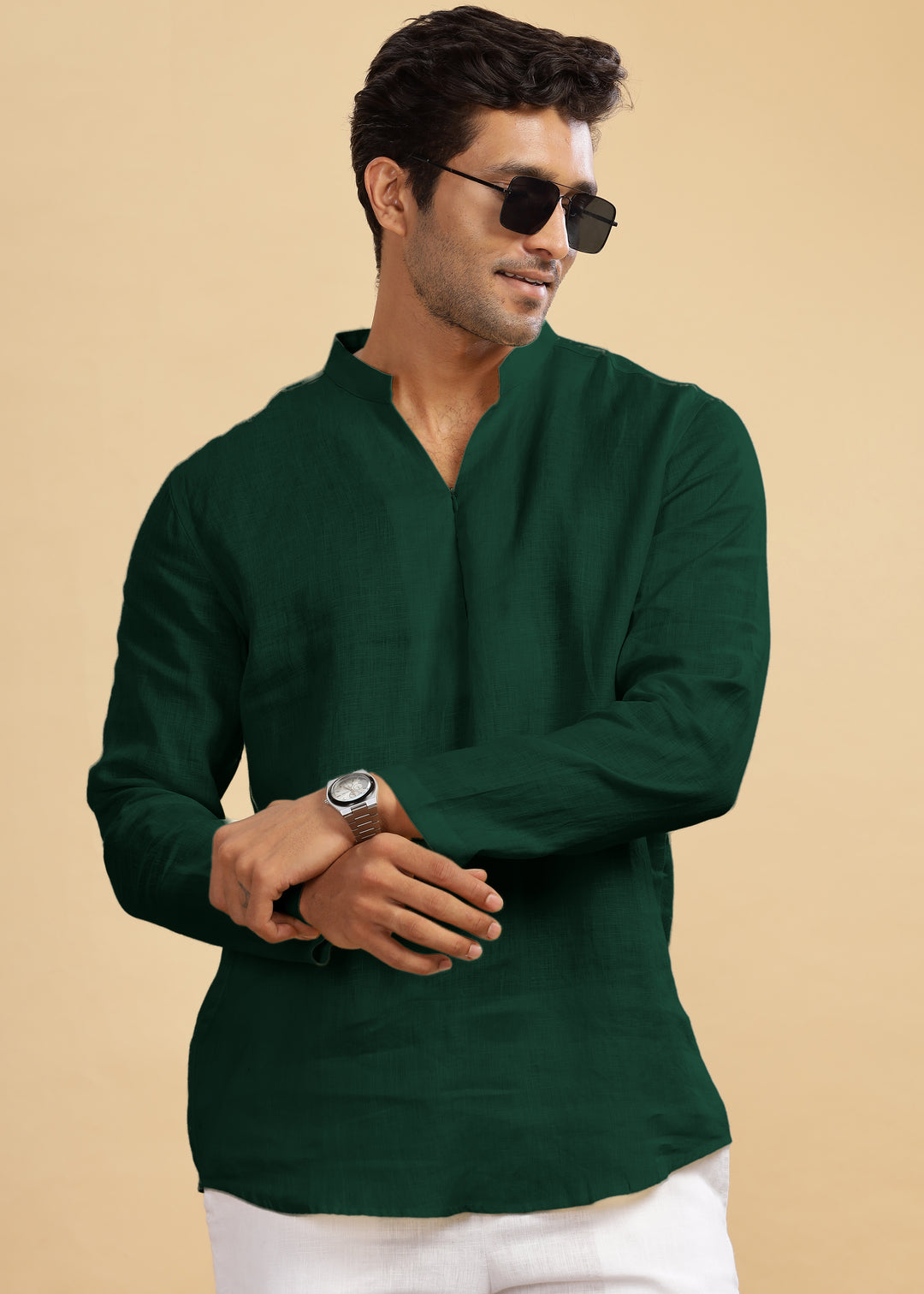 Arnav - Full Sleeve Broad-Notched Collar Pure Linen Short Kurta - Dark Pine Green