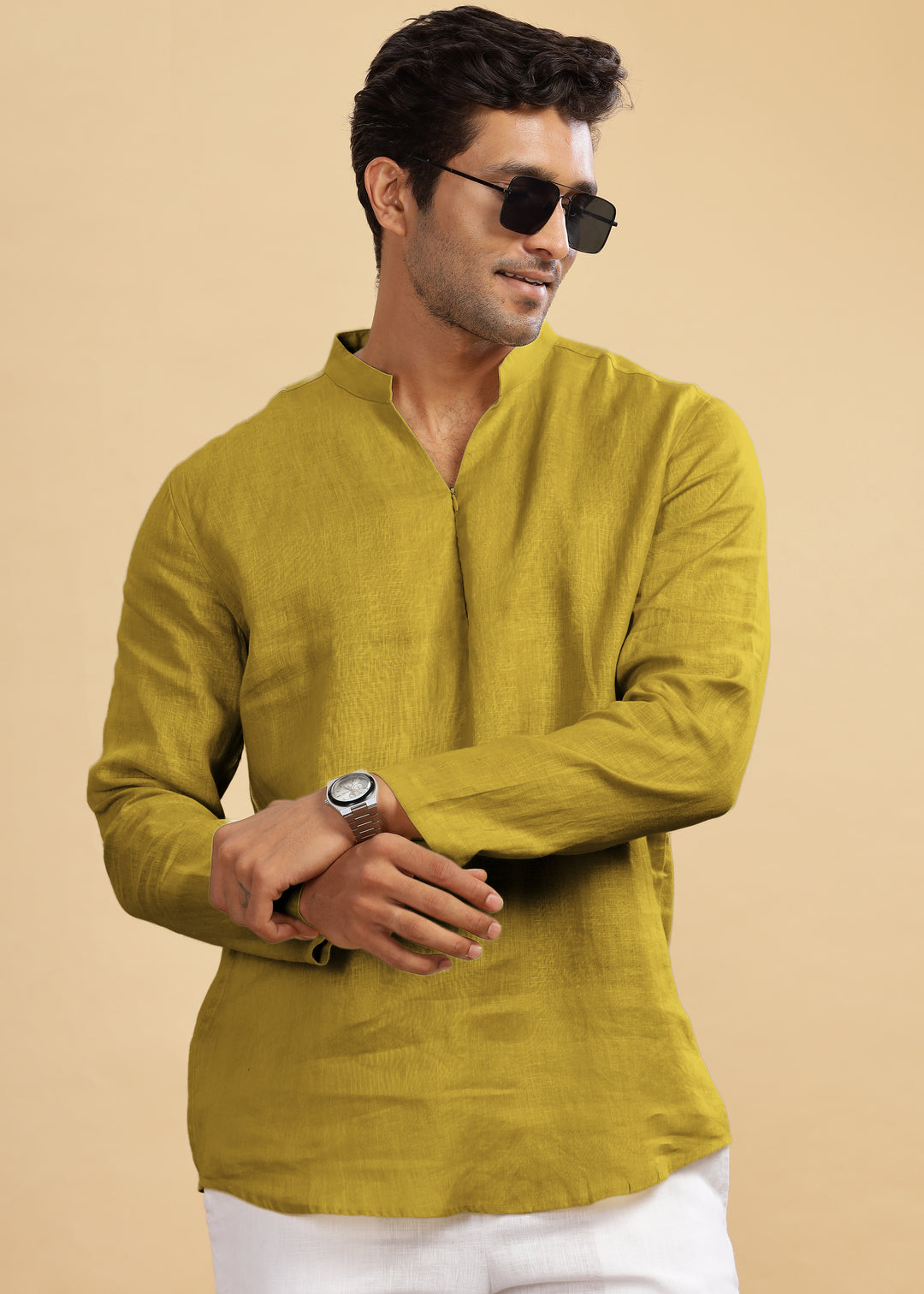 Arnav - Full Sleeve Broad-Notched Collar Pure Linen Short Kurta - Sap Green