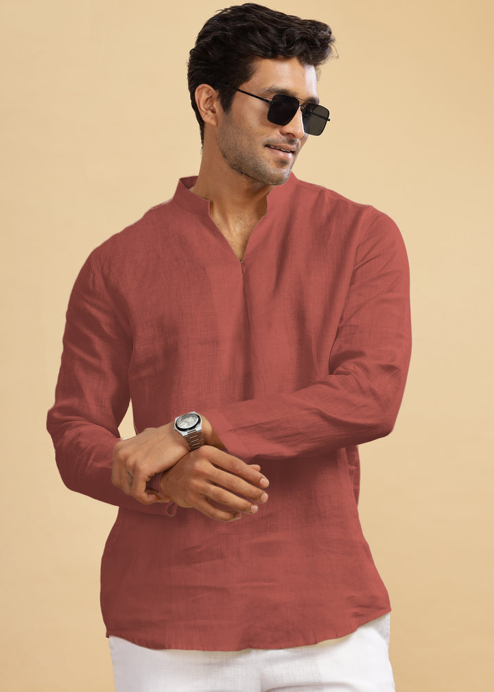 Arnav - Full Sleeve Broad-Notched Collar Pure Linen Short Kurta - Terracotta Red