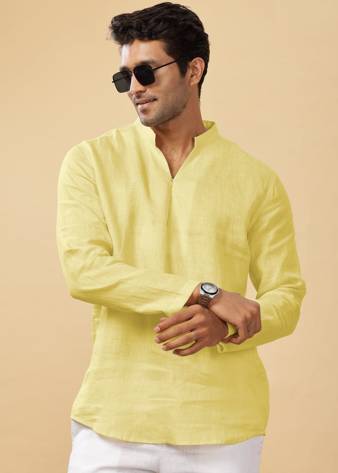 Arnav - Full Sleeve Broad-Notched Collar Pure Linen Short Kurta - Pistachio Yellow