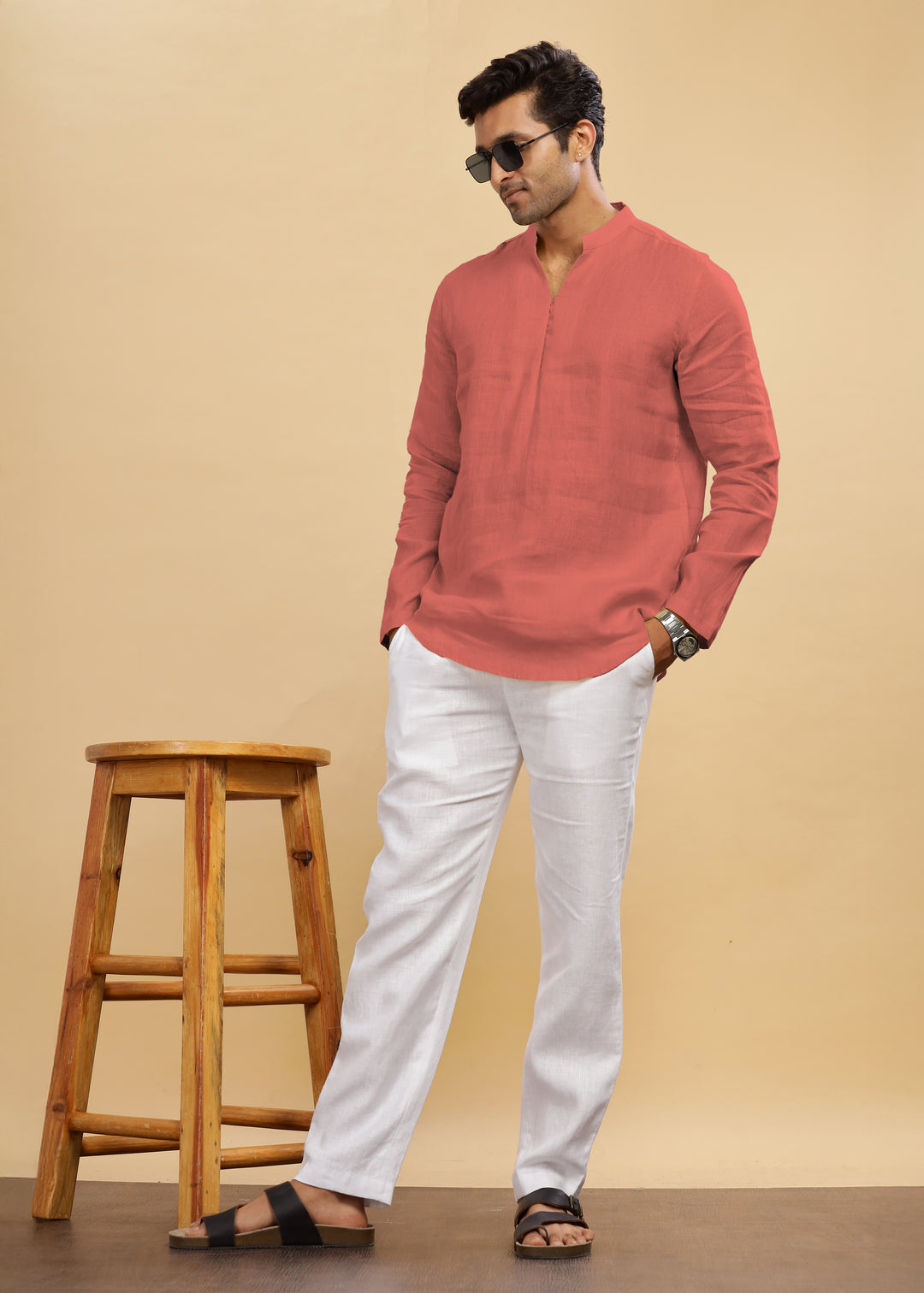 Arnav - Full Sleeve Broad-Notched Collar Pure Linen Short Kurta - Terracotta Red