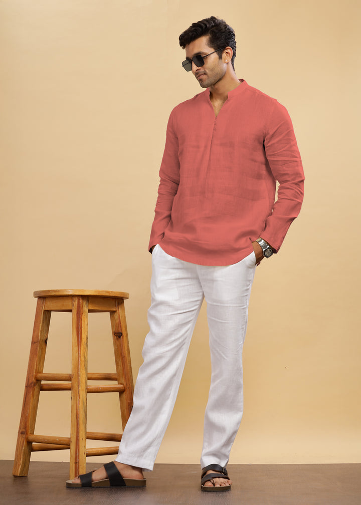 Arnav - Full Sleeve Broad-Notched Collar Pure Linen Short Kurta - Terracotta Red