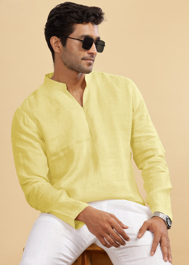 Arnav - Full Sleeve Broad-Notched Collar Pure Linen Short Kurta - Pistachio Yellow