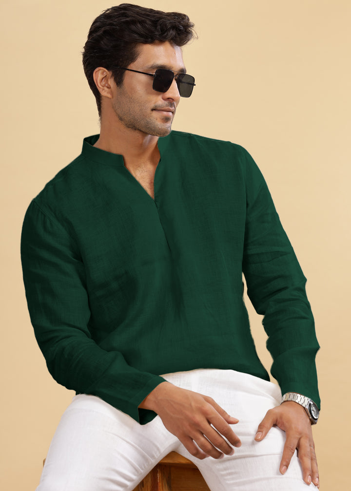 Arnav - Full Sleeve Broad-Notched Collar Pure Linen Short Kurta - Dark Pine Green