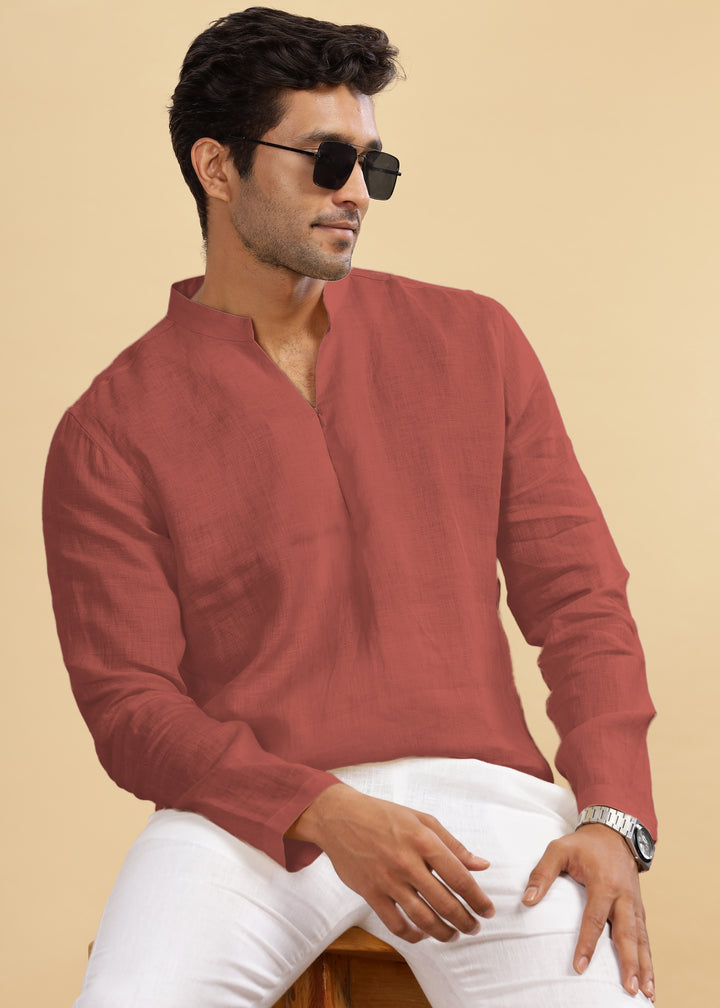 Arnav - Full Sleeve Broad-Notched Collar Pure Linen Short Kurta - Terracotta Red