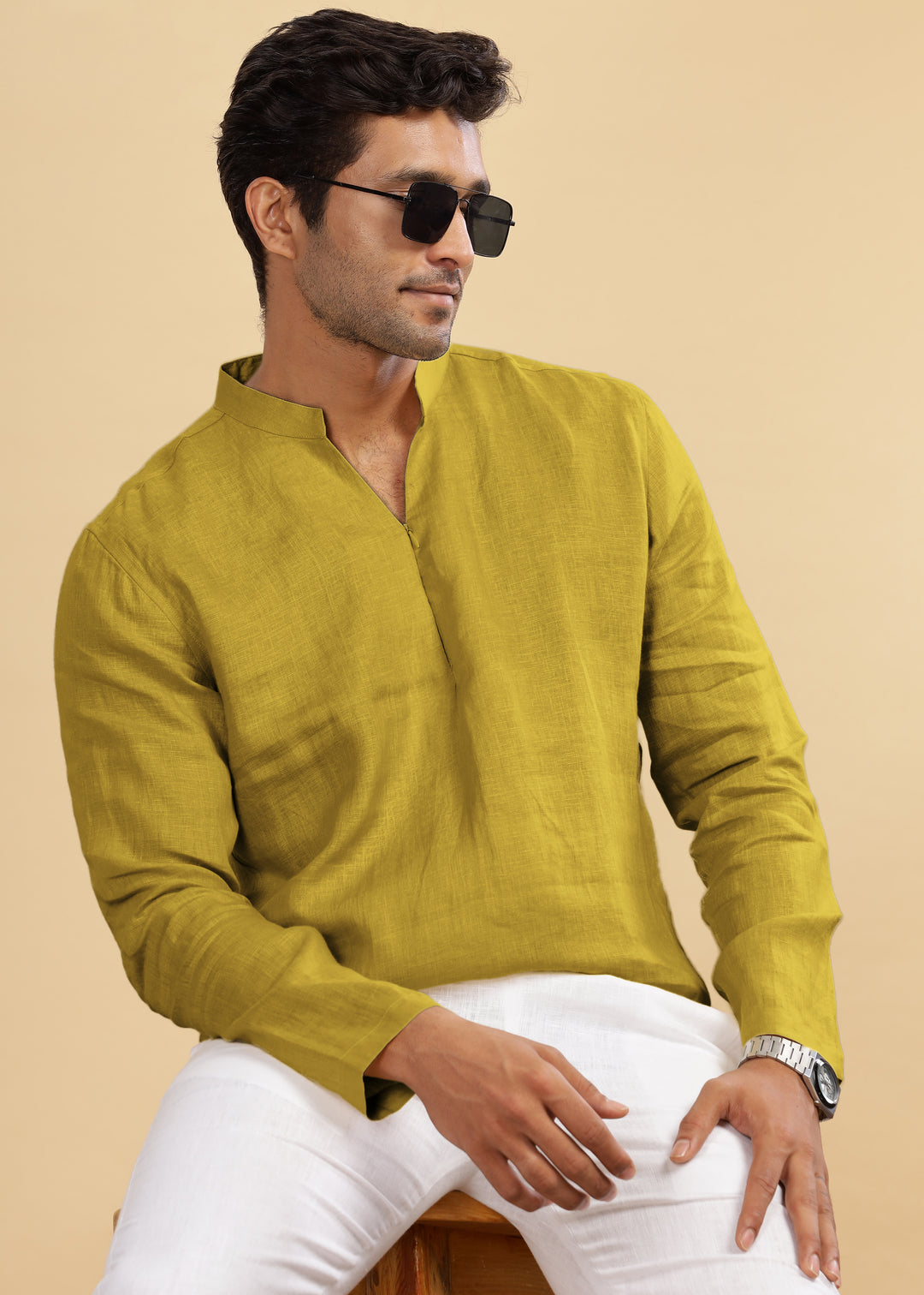 Arnav - Full Sleeve Broad-Notched Collar Pure Linen Short Kurta - Sap Green