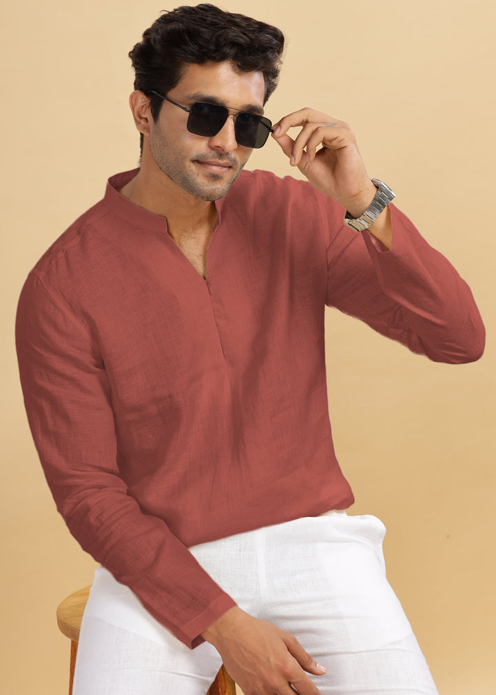 Arnav - Full Sleeve Broad-Notched Collar Pure Linen Short Kurta - Terracotta Red