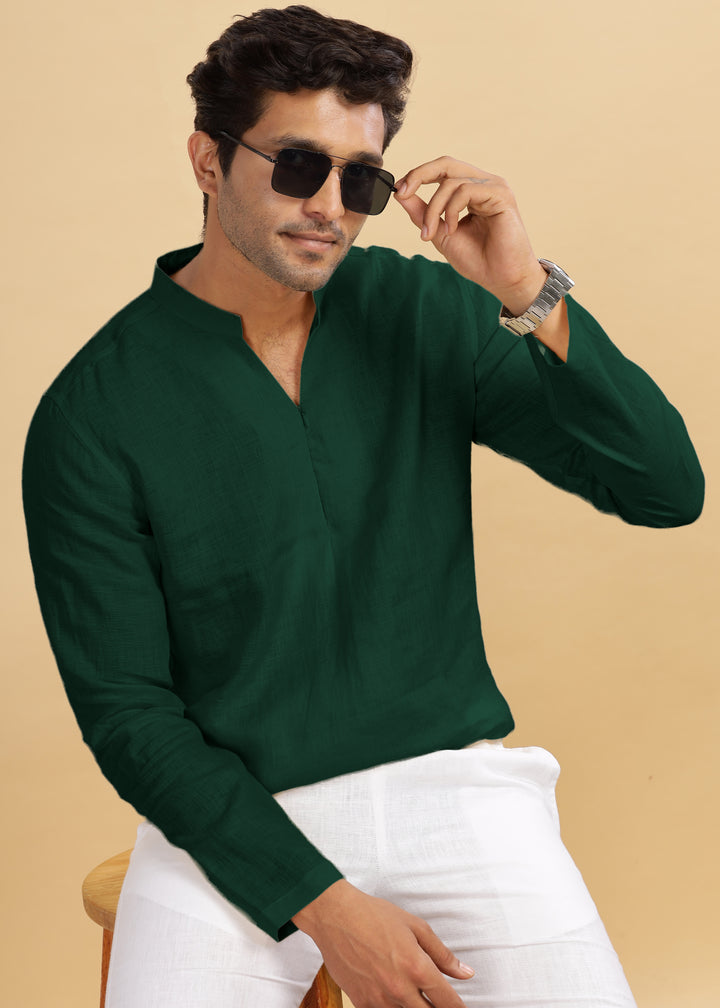 Arnav - Full Sleeve Broad-Notched Collar Pure Linen Short Kurta - Dark Pine Green