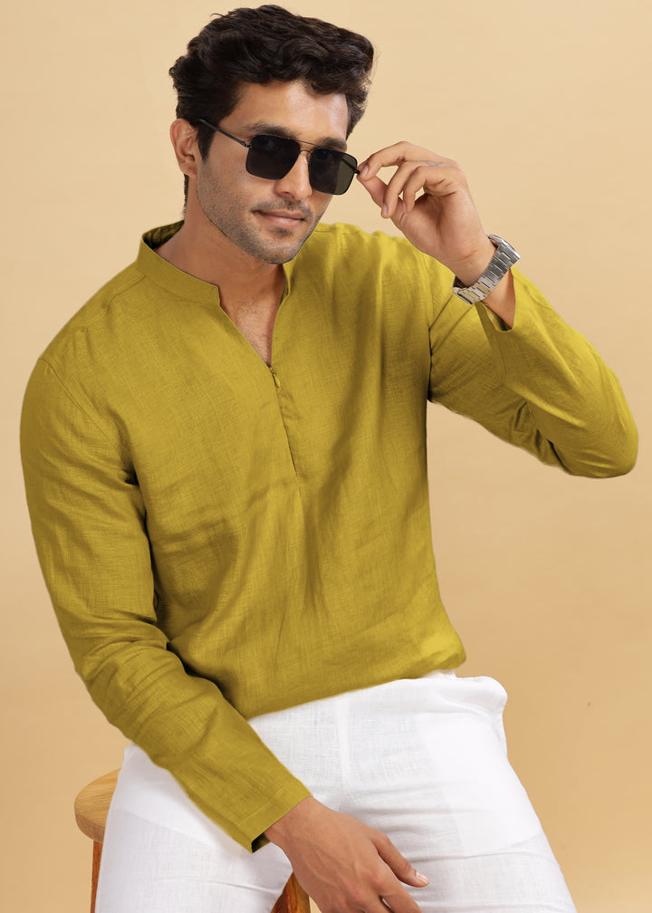 Arnav - Full Sleeve Broad-Notched Collar Pure Linen Short Kurta - Sap Green