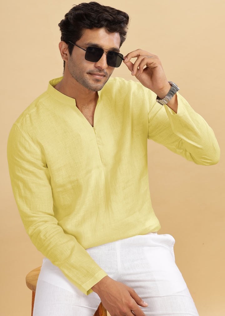 Arnav - Full Sleeve Broad-Notched Collar Pure Linen Short Kurta - Pistachio Yellow