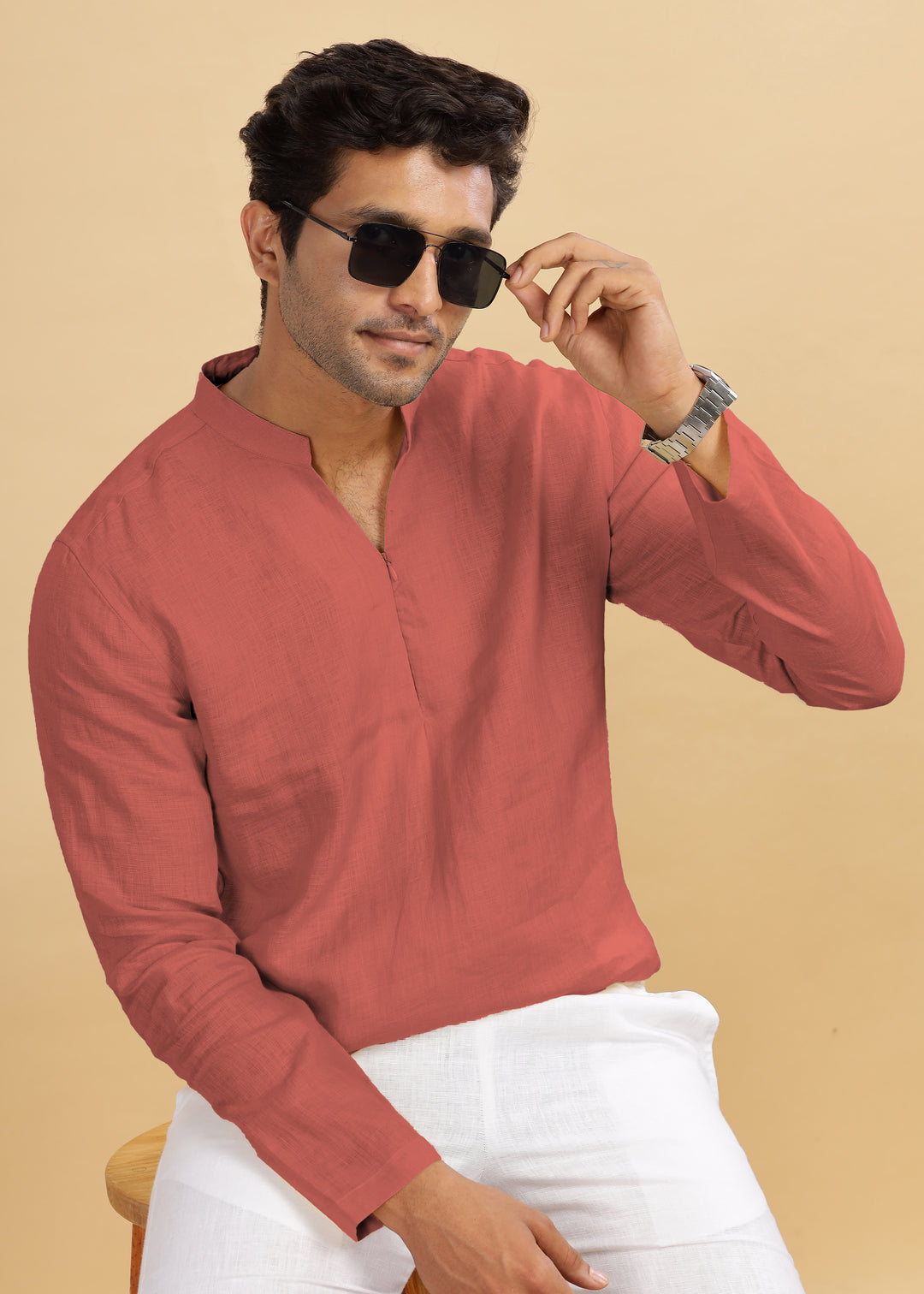 Arnav - Full Sleeve Broad-Notched Collar Pure Linen Short Kurta - Terracotta Red