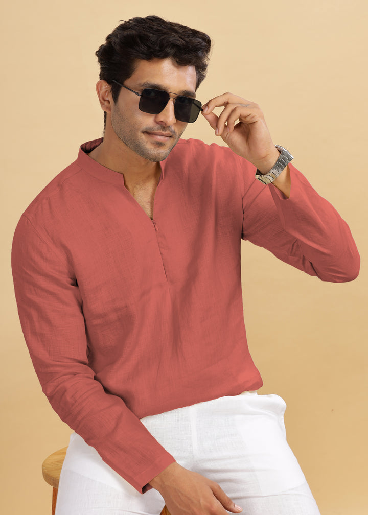 Arnav - Full Sleeve Broad-Notched Collar Pure Linen Short Kurta - Terracotta Red