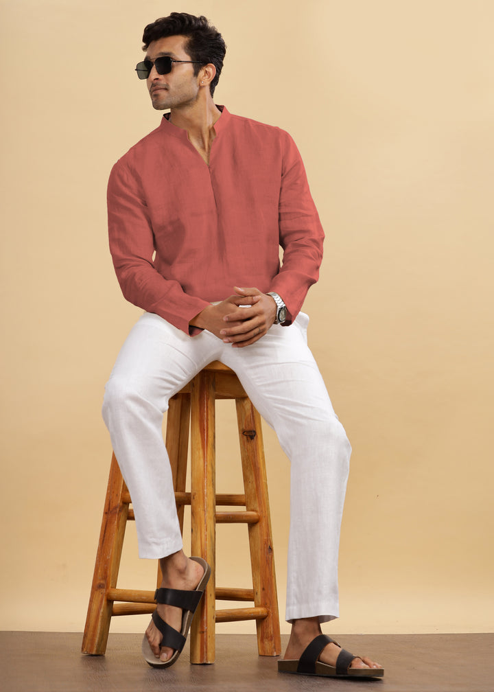 Arnav - Full Sleeve Broad-Notched Collar Pure Linen Short Kurta - Terracotta Red