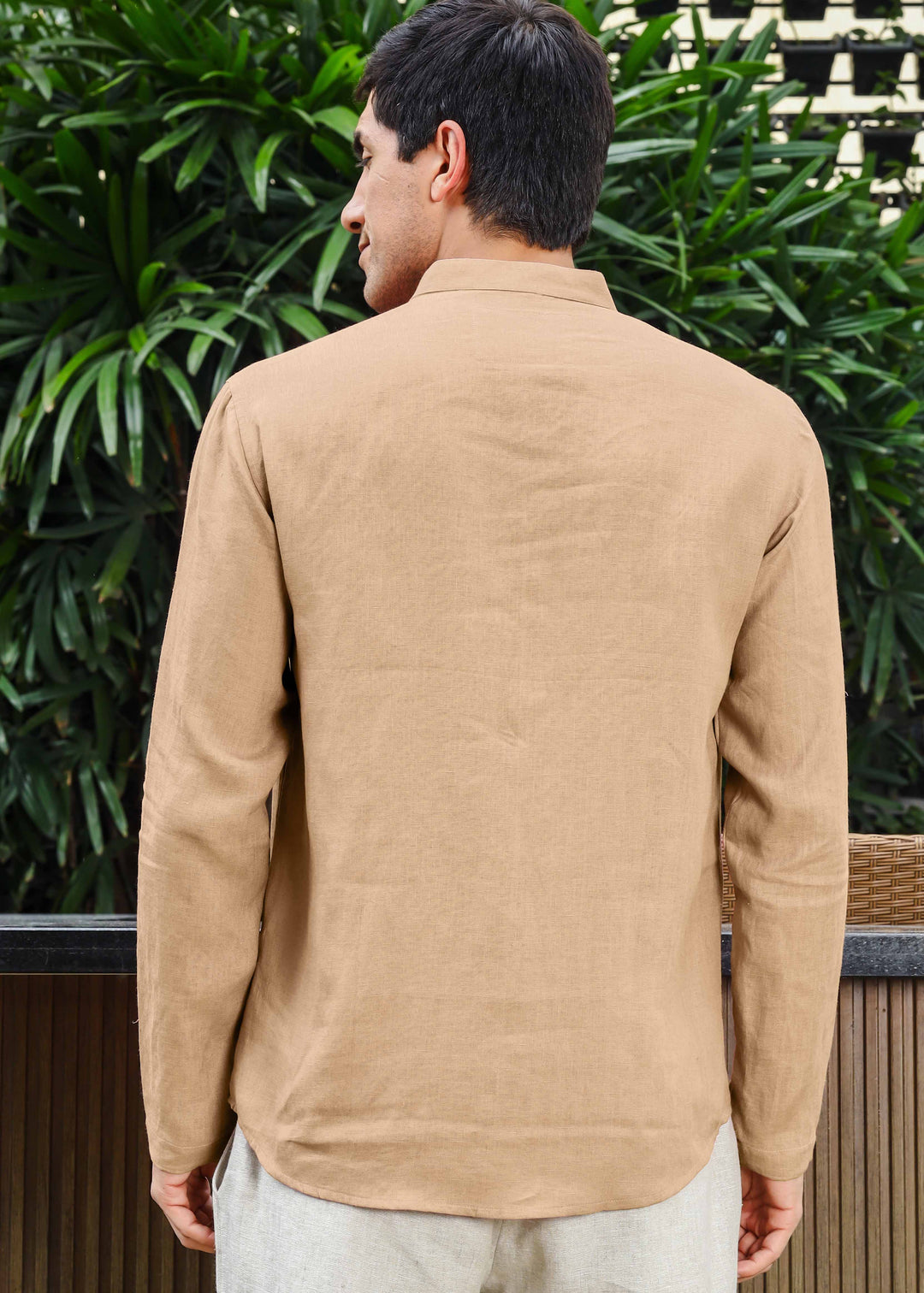 Arnav - Full Sleeve Broad-Notched Collar Pure Linen Short Kurta - Oakwood Brown