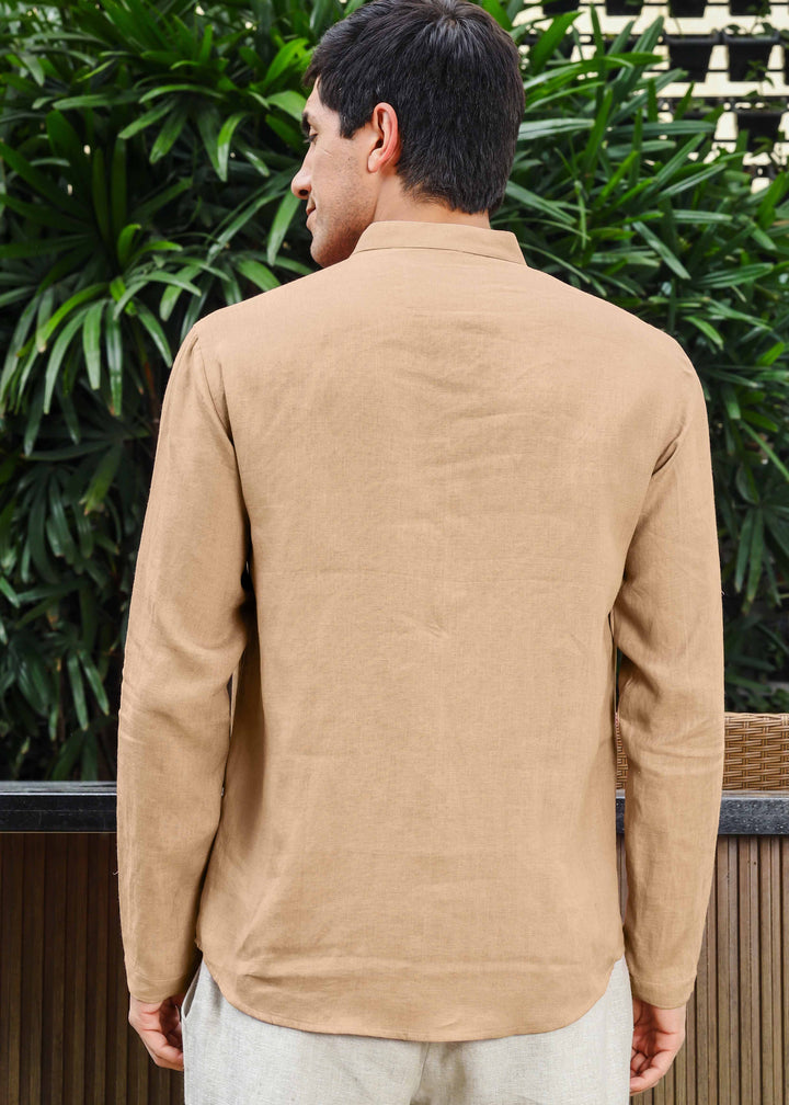 Arnav - Full Sleeve Broad-Notched Collar Pure Linen Short Kurta - Oakwood Brown
