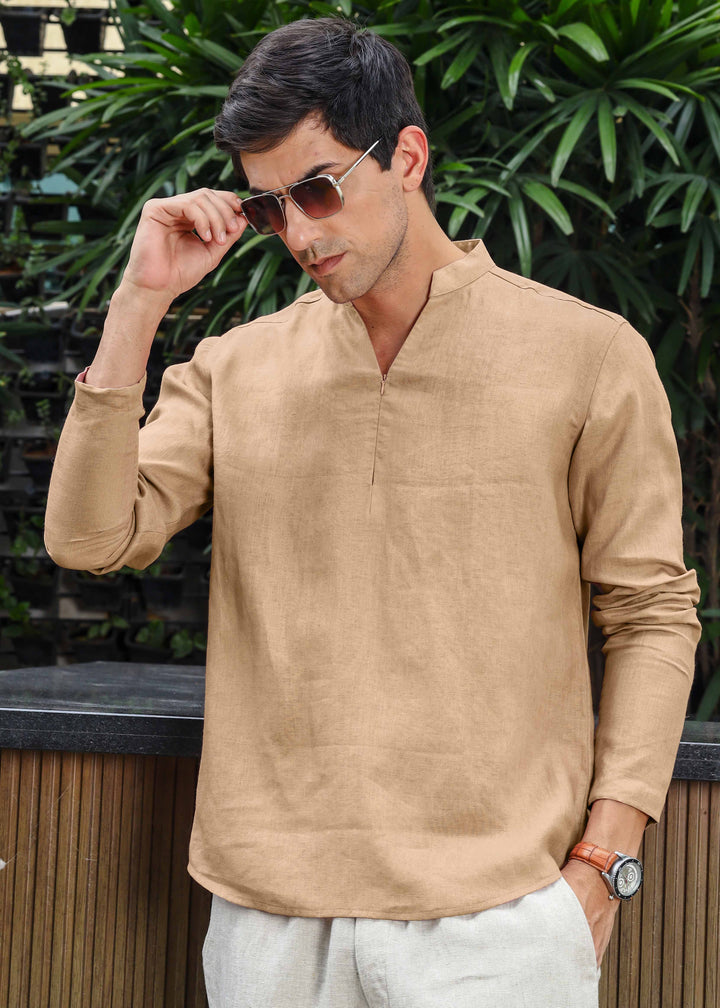 Arnav - Full Sleeve Broad-Notched Collar Pure Linen Short Kurta - Oakwood Brown