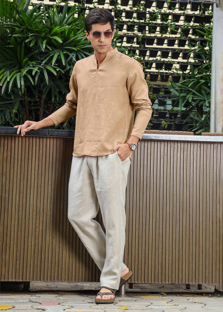 Arnav - Full Sleeve Broad-Notched Collar Pure Linen Short Kurta - Oakwood Brown