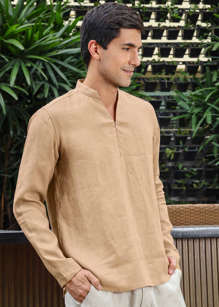 Arnav - Full Sleeve Broad-Notched Collar Pure Linen Short Kurta - Oakwood Brown