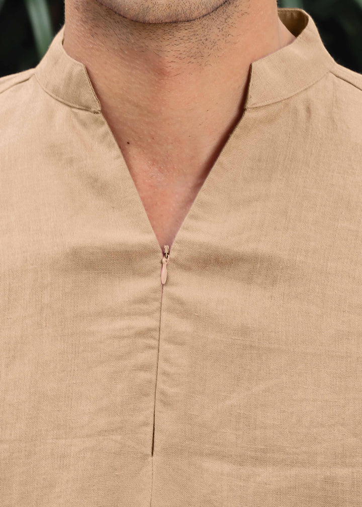 Arnav - Full Sleeve Broad-Notched Collar Pure Linen Short Kurta - Oakwood Brown
