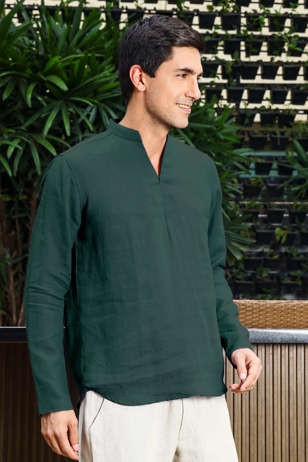 Arnav - Full Sleeve Broad-Notched Collar Pure Linen Short Kurta - Dark Pine Green