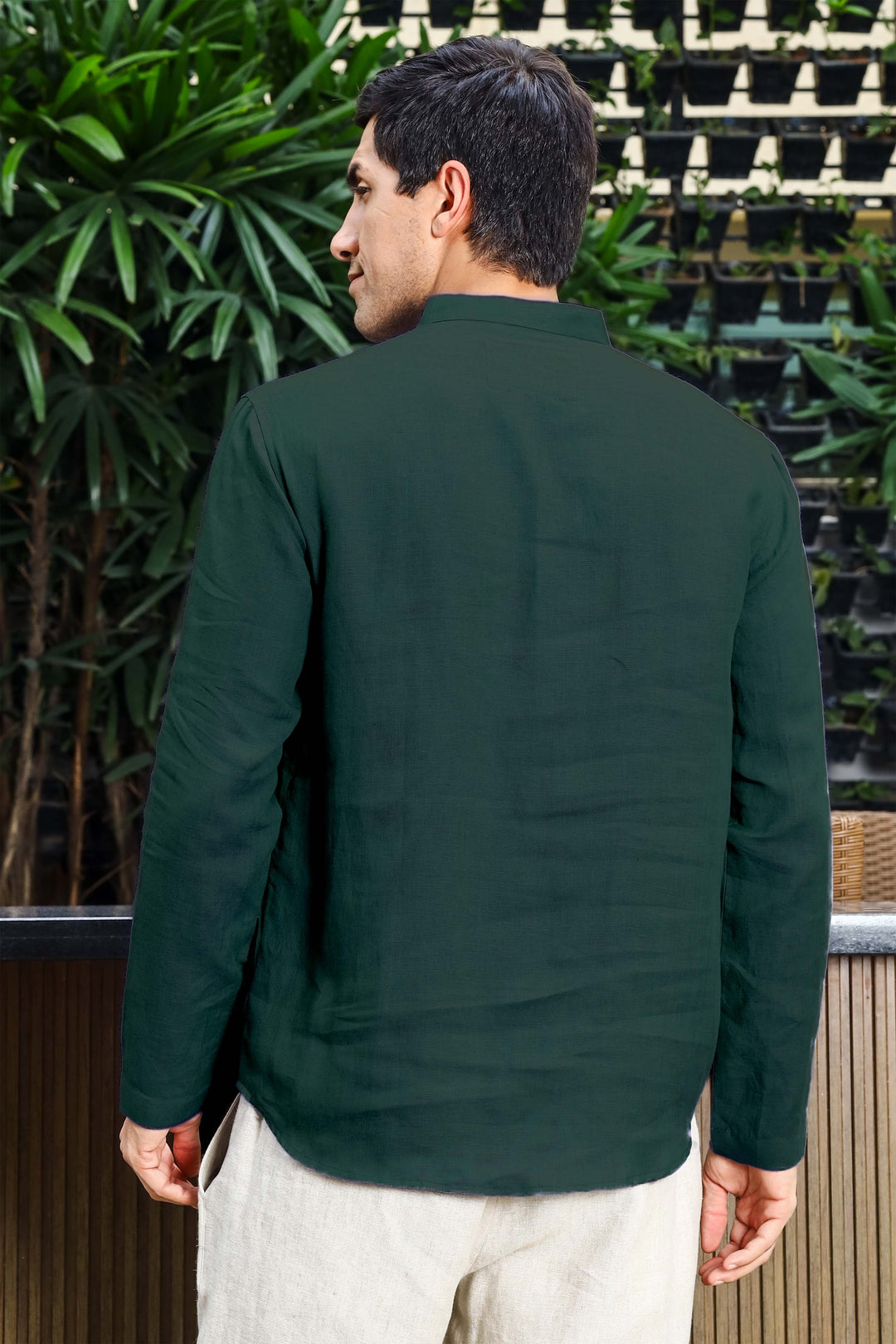 Arnav - Full Sleeve Broad-Notched Collar Pure Linen Short Kurta - Dark Pine Green