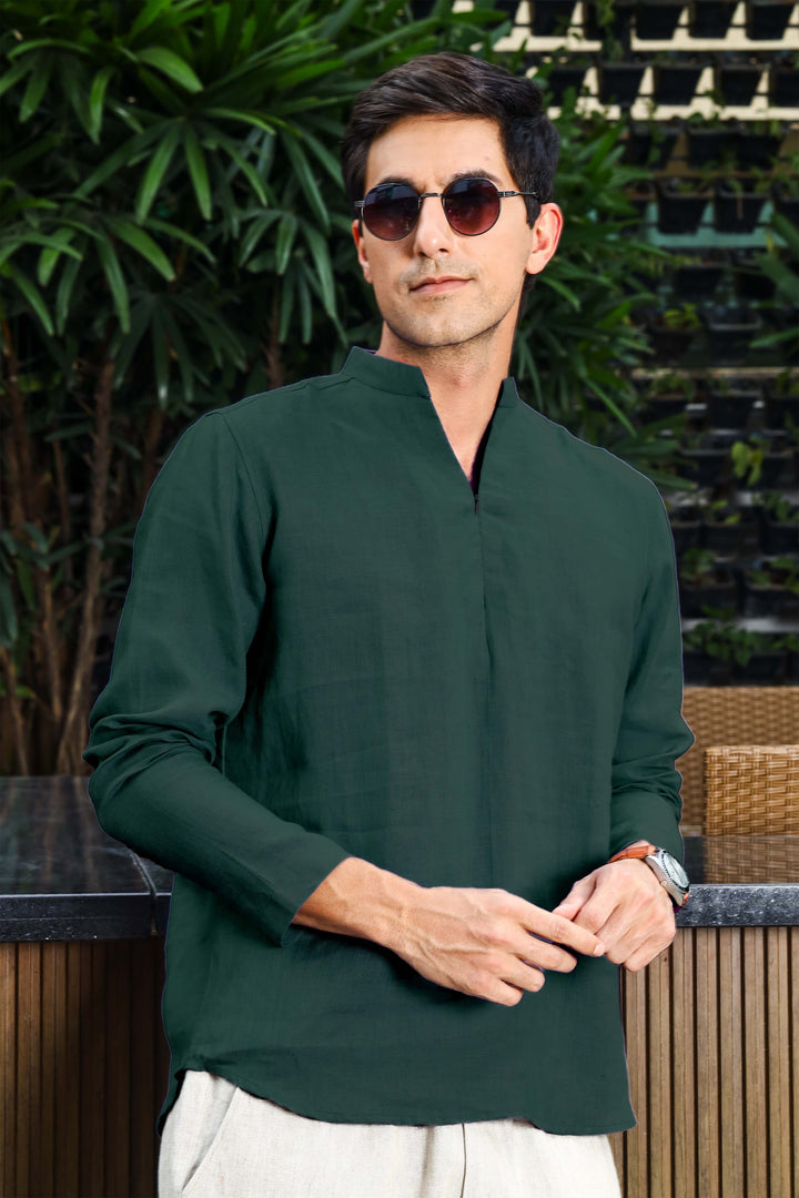 Arnav - Full Sleeve Broad-Notched Collar Pure Linen Short Kurta - Dark Pine Green