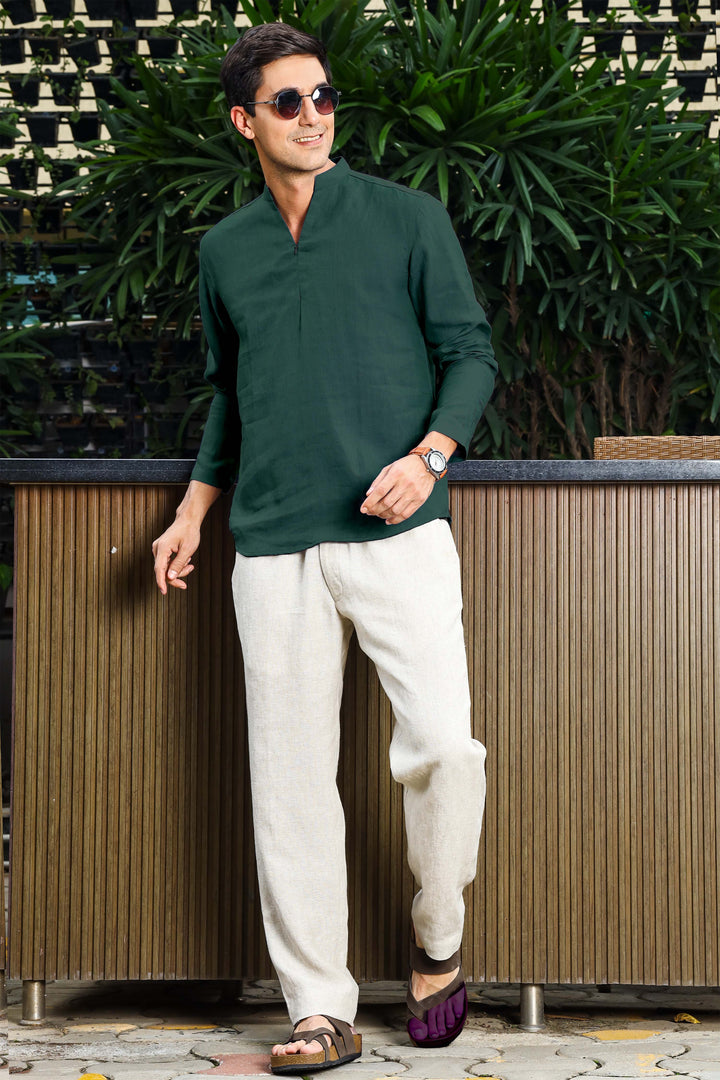 Arnav - Full Sleeve Broad-Notched Collar Pure Linen Short Kurta - Dark Pine Green