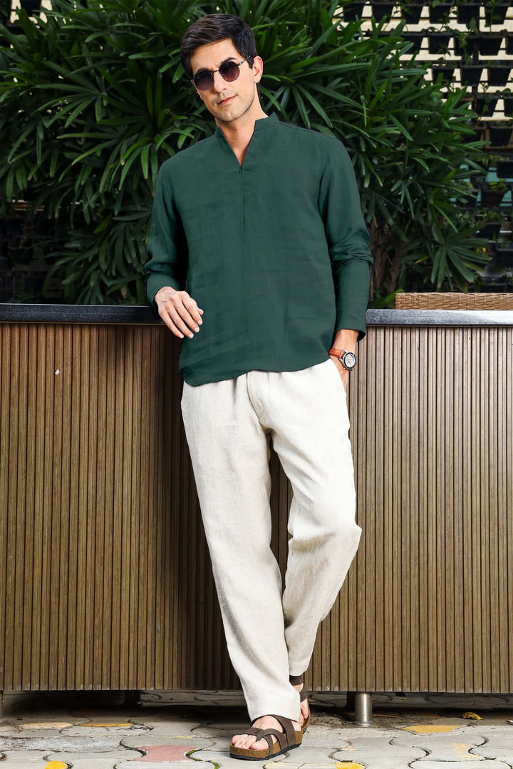 Arnav - Full Sleeve Broad-Notched Collar Pure Linen Short Kurta - Dark Pine Green