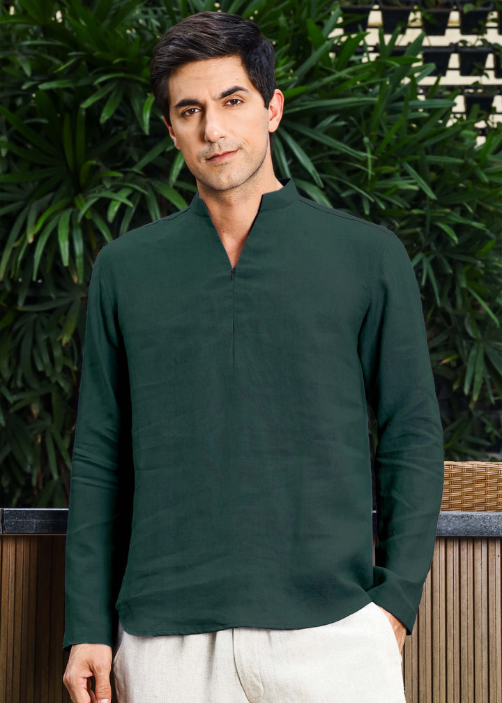 Arnav - Full Sleeve Broad-Notched Collar Pure Linen Short Kurta - Dark Pine Green