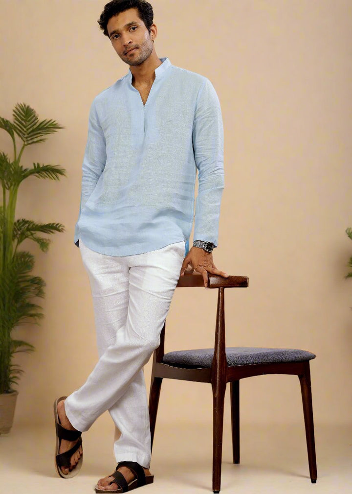 Arnav Kurta Set - Pure Linen Short Kurta Set with Broad-Notched Collar | Sky Blue & White