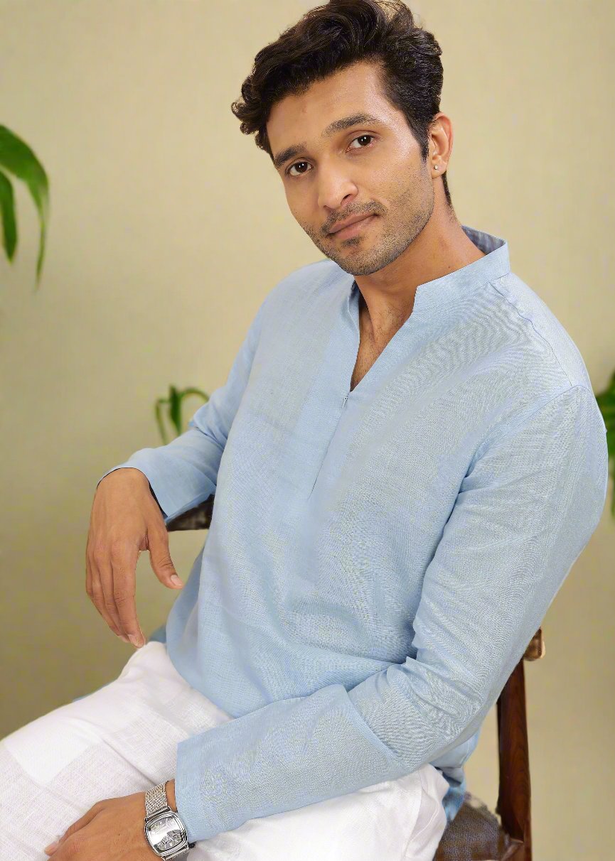 Arnav - Full Sleeve Broad-Notched Collar Pure Linen Short Kurta - Sky Blue