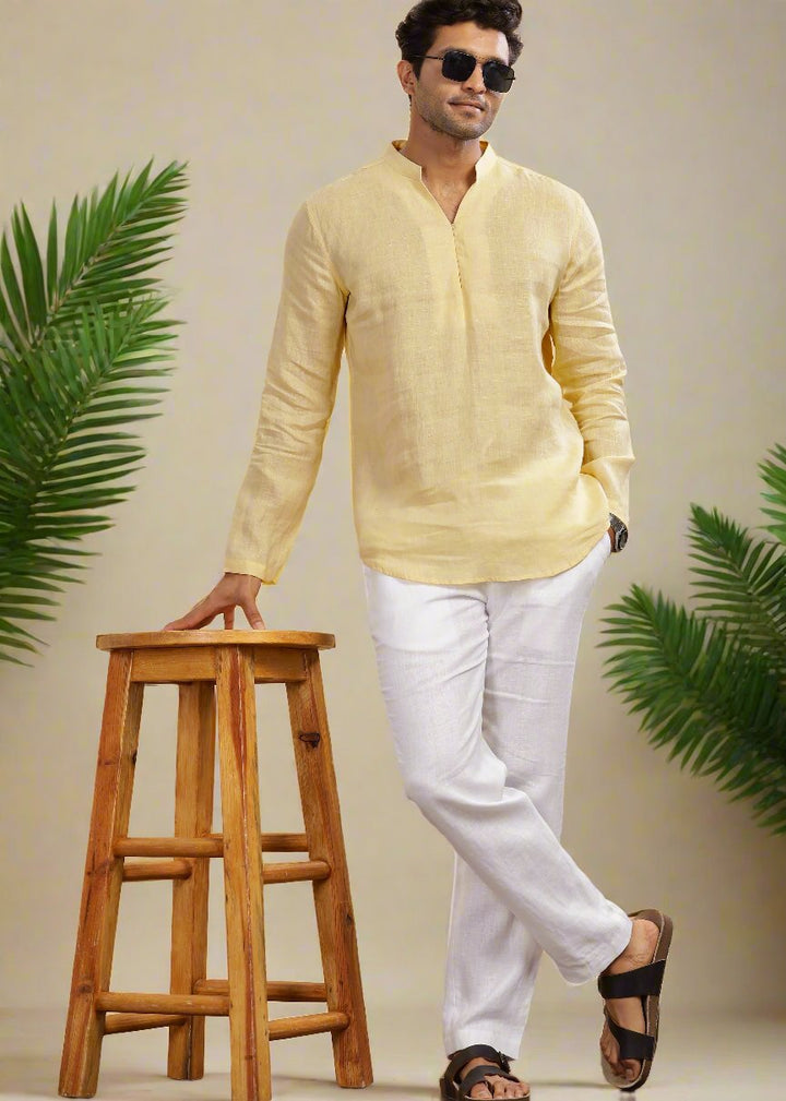 Arnav Kurta Set - Pure Linen Short Kurta Set with Broad-Notched Collar | Light Yellow & White