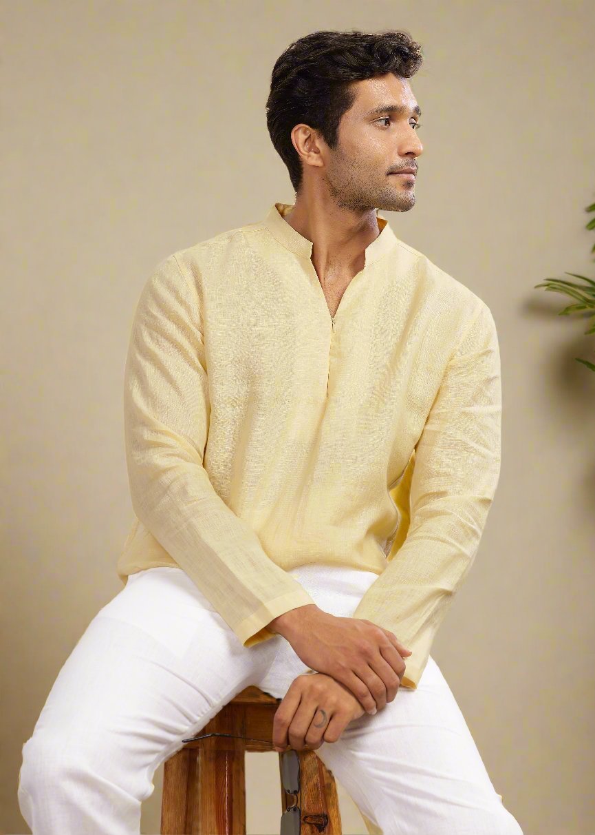 Arnav - Full Sleeve Broad-Notched Collar Pure Linen Short Kurta - Light Yellow