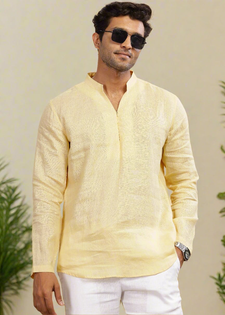 Arnav - Full Sleeve Broad-Notched Collar Pure Linen Short Kurta - Light Yellow