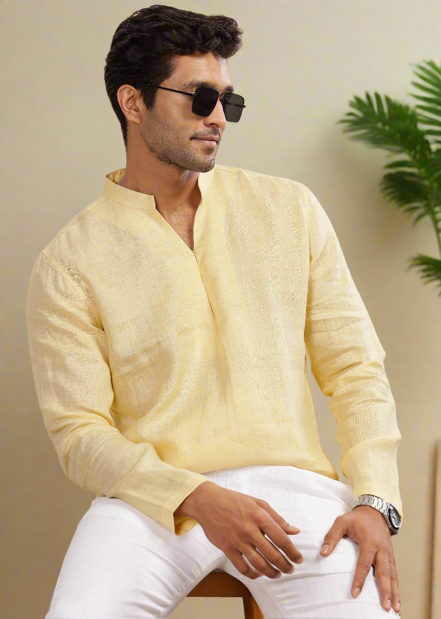 Arnav - Full Sleeve Broad-Notched Collar Pure Linen Short Kurta - Light Yellow