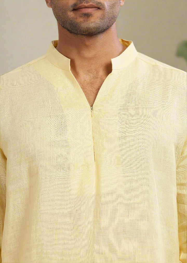 Arnav - Full Sleeve Broad-Notched Collar Pure Linen Short Kurta - Light Yellow