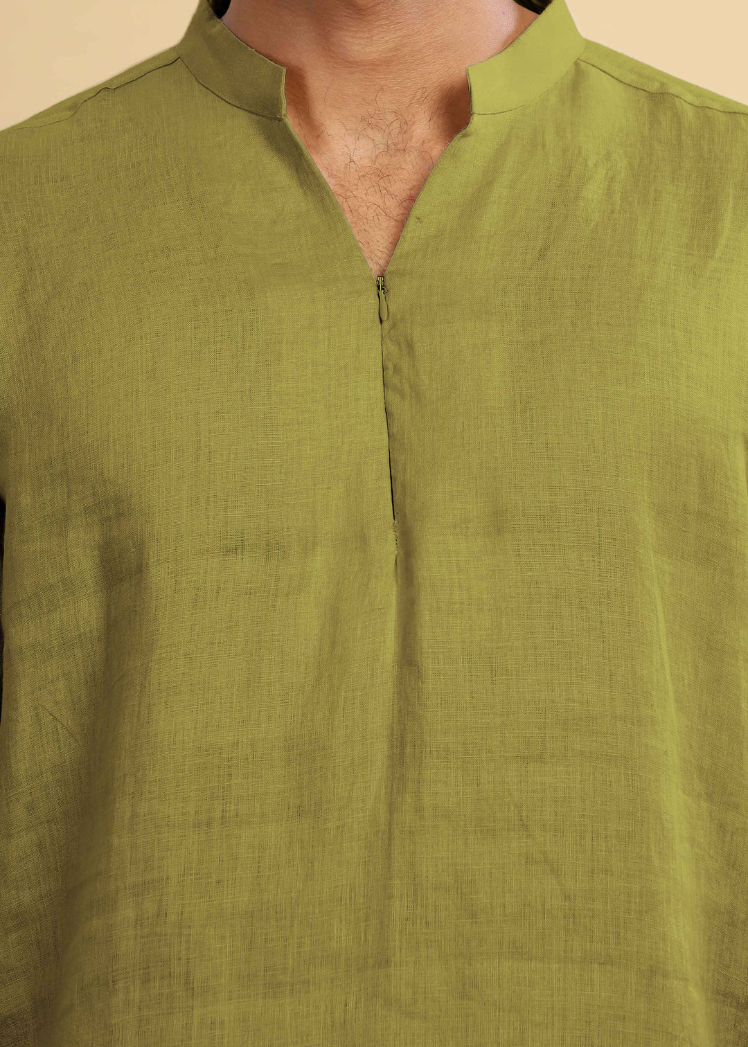Arnav 100% Pure Linen Full Sleeve Kurta in Sap Green with Broad-Notched Collar crafted in 60 LEA