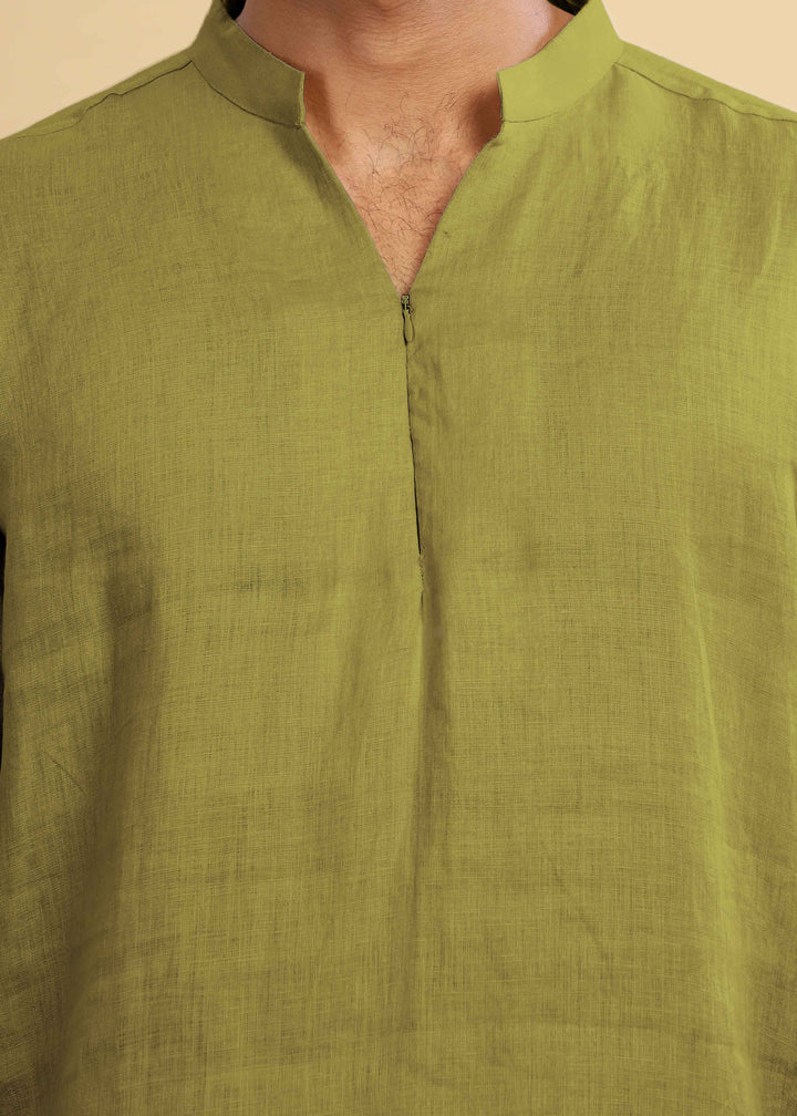 Arnav 100% Pure Linen Full Sleeve Kurta in Sap Green with Broad-Notched Collar crafted in 60 LEA