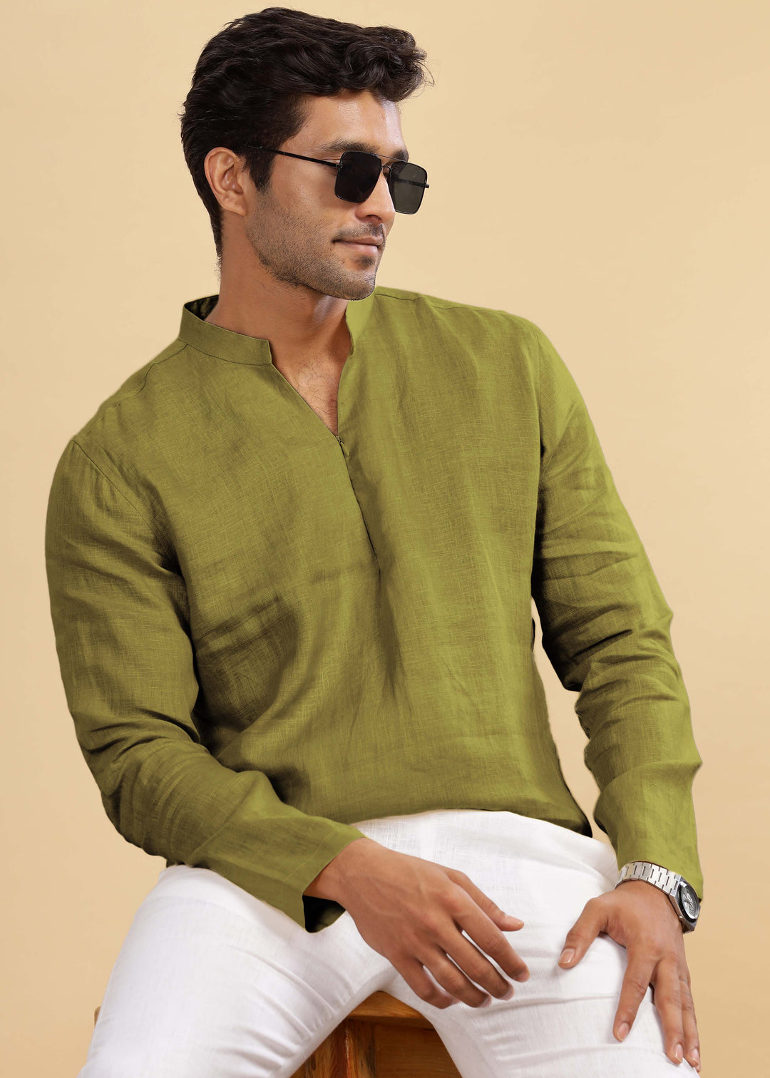 Arnav 100% Pure Linen Full Sleeve Kurta in Sap Green with Broad-Notched Collar crafted in 60 LEA