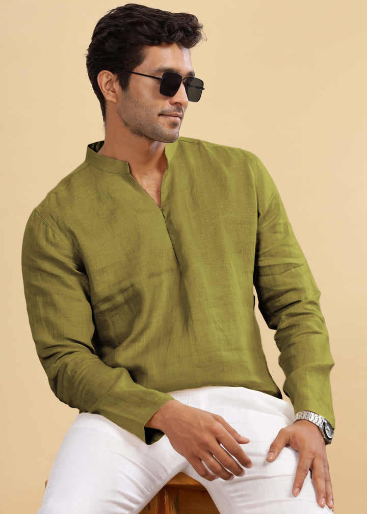 Arnav 100% Pure Linen Full Sleeve Kurta in Sap Green with Broad-Notched Collar crafted in 60 LEA