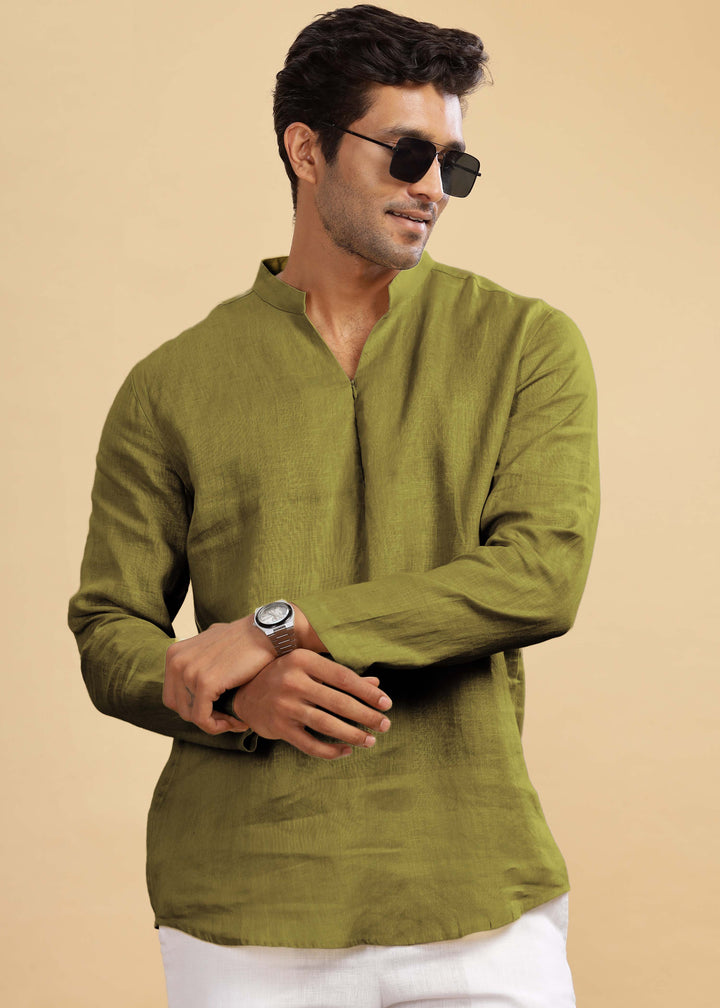 Arnav 100% Pure Linen Full Sleeve Kurta in Sap Green with Broad-Notched Collar crafted in 60 LEA