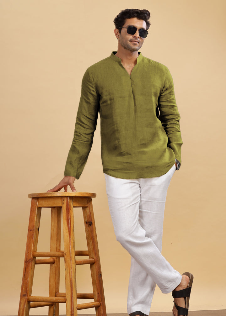 Arnav 100% Pure Linen Full Sleeve Kurta in Sap Green with Broad-Notched Collar crafted in 60 LEA