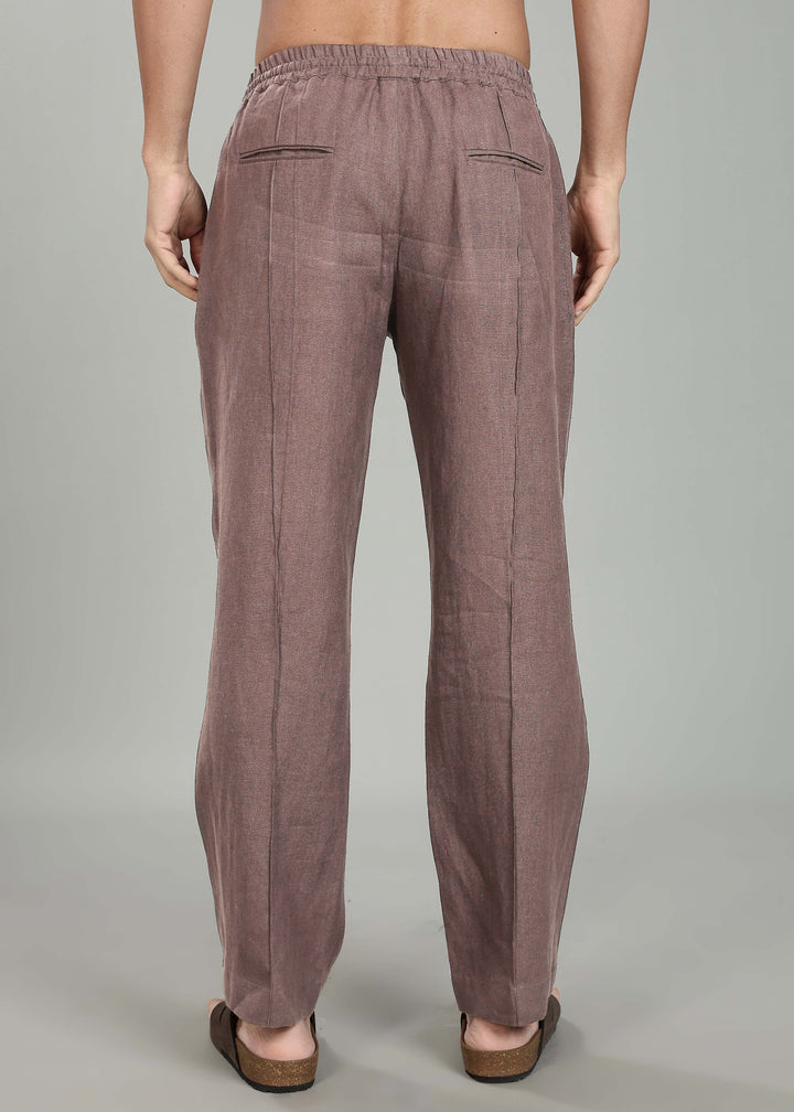 Art Pants - Pure Linen Elastic Casual Pants with Drawstrings - Muted Brown